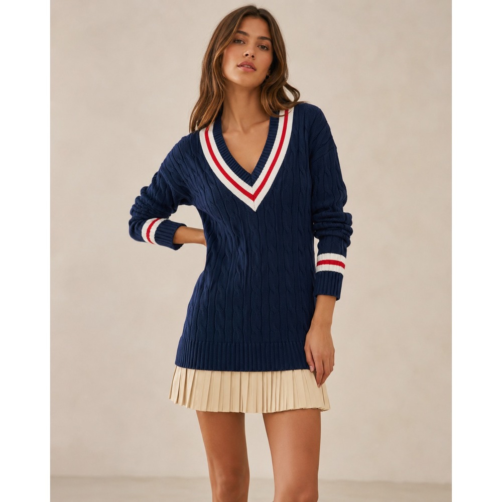 English Factory Mini Sweater Dress Sz S Navy Beige Collegial Preppy Academia
